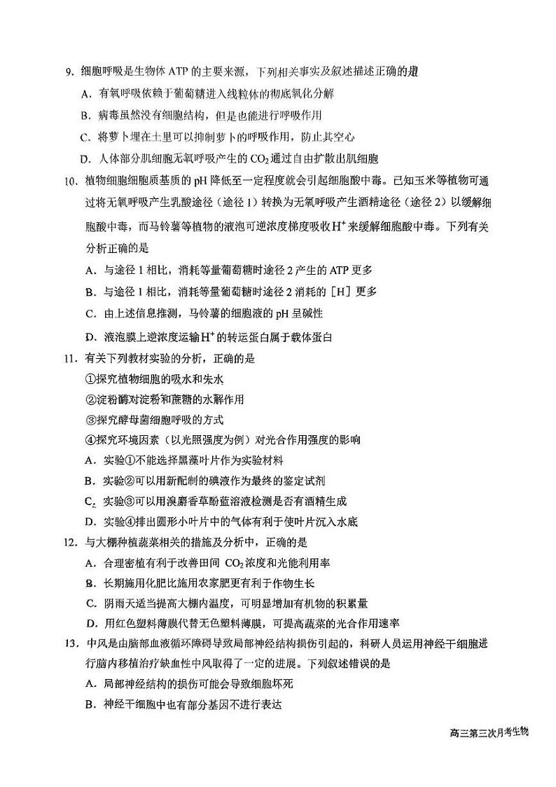黑龙江省齐齐哈尔市联谊校2024-2025学年高三上学期期中考试生物试题03