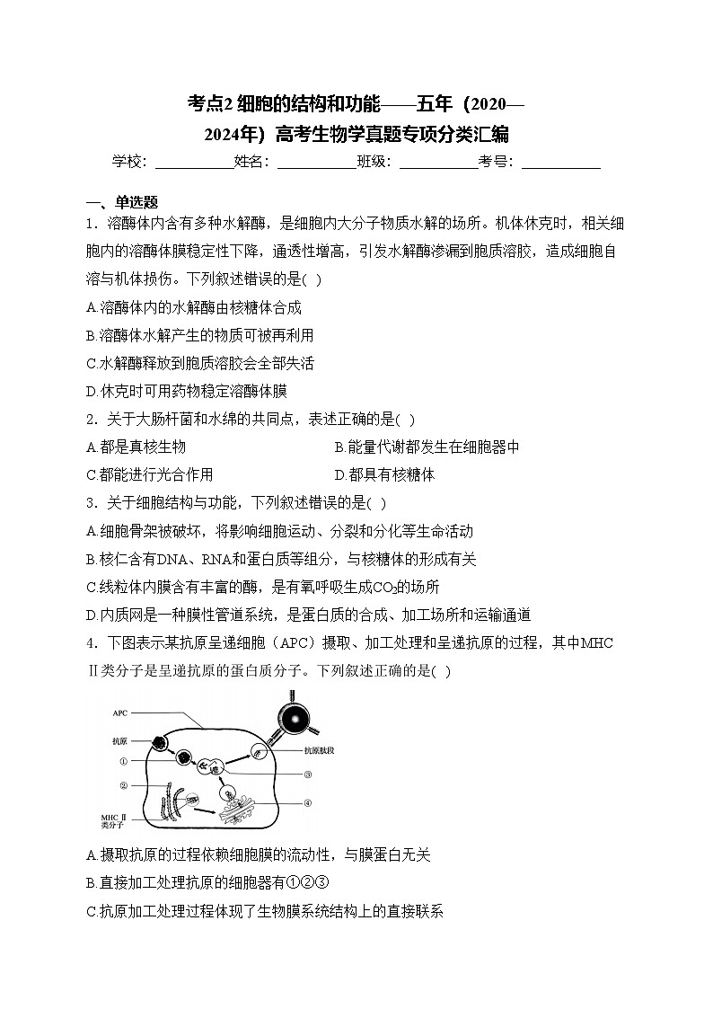 考点2 细胞的结构和功能——五年（2020—2024年）高考生物学真题专项分类汇编(含答案)第1页