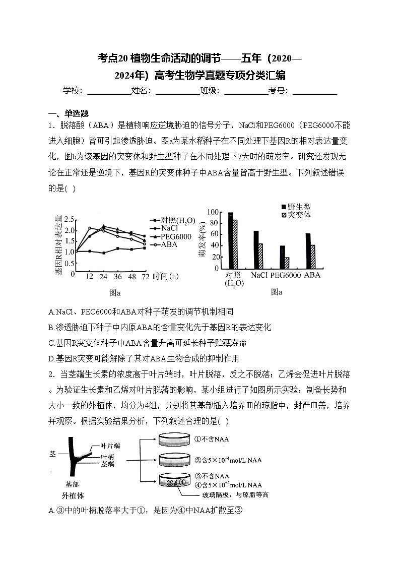 考点20 植物生命活动的调节——五年（2020—2024年）高考生物学真题专项分类汇编(含答案)第1页