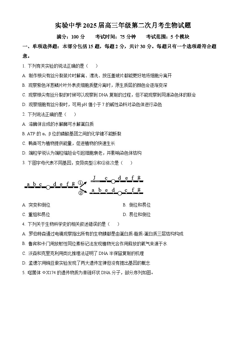 江苏省南通市海安市实验中学2024-2025学年高三上学期10月月考生物试题（原卷版）第1页