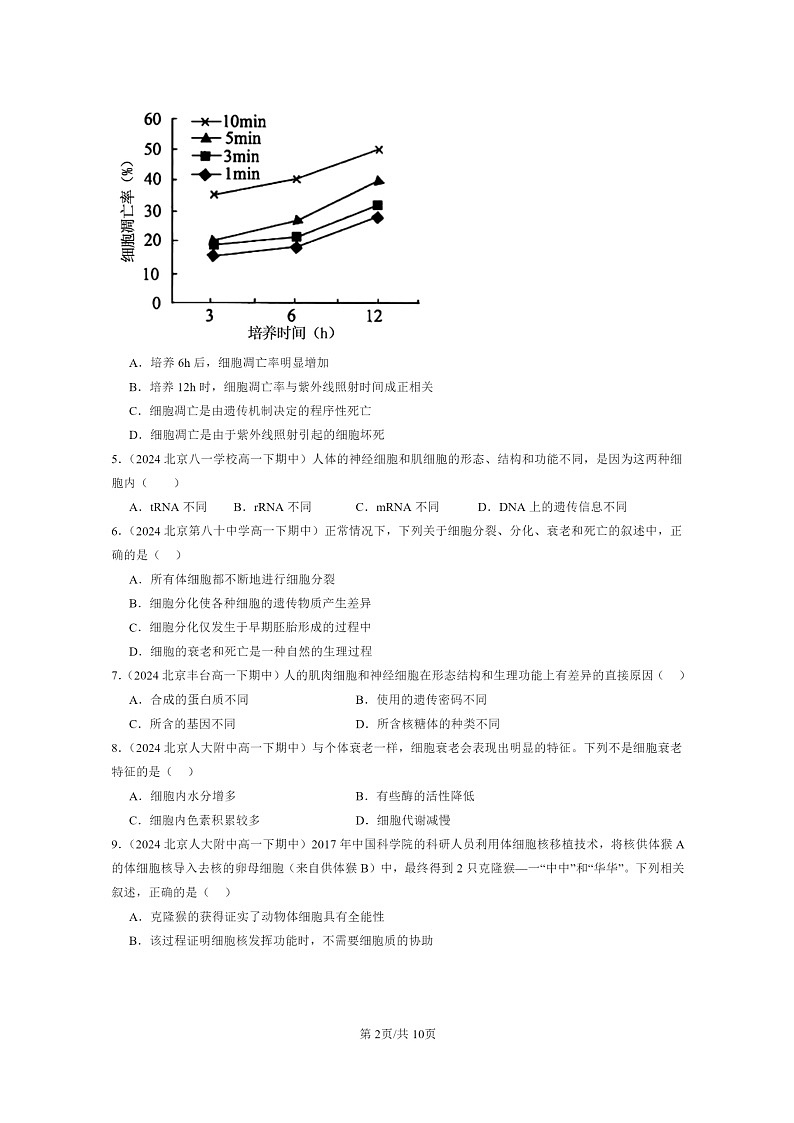 2024北京重点校高一下学期期中真题生物分类汇编：细胞的生命历程章节综合第2页