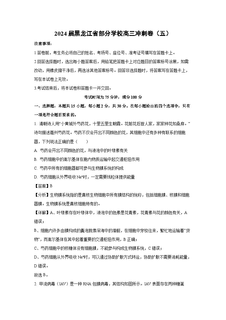 2024届黑龙江省部分学校高三冲刺卷(五)生物试卷(解析版)第1页