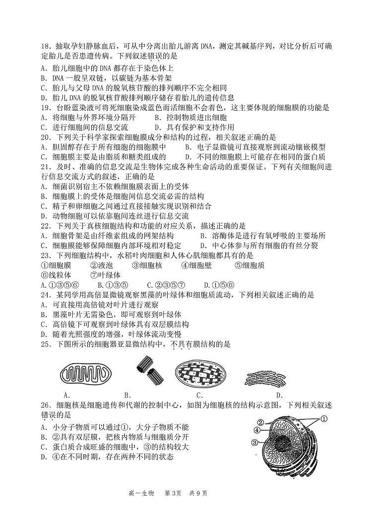 丰台区2024-2025学年度第一学期期中练习高一生物试题第3页