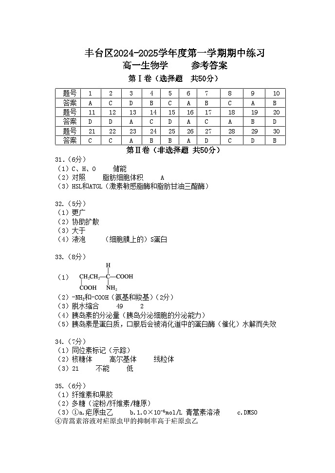 丰台区2024-2025学年度第一学期期中练习高一生物答案第1页