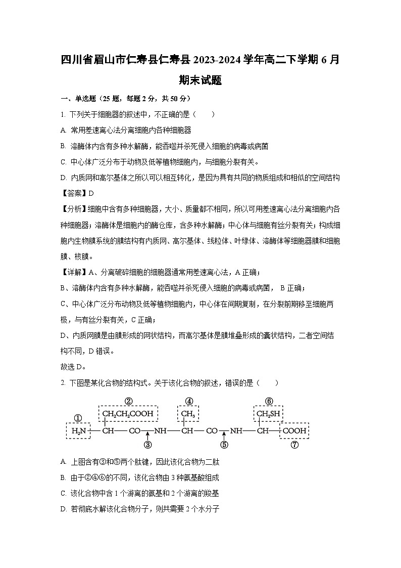 四川省眉山市仁寿县仁寿县2023-2024学年高二下学期6月期末生物试卷(解析版)第1页