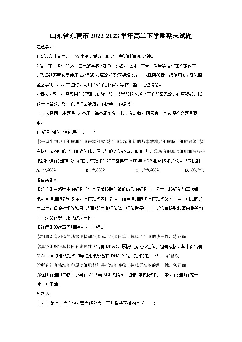 山东省东营市2022-2023学年高二下学期期末生物试卷(解析版)第1页