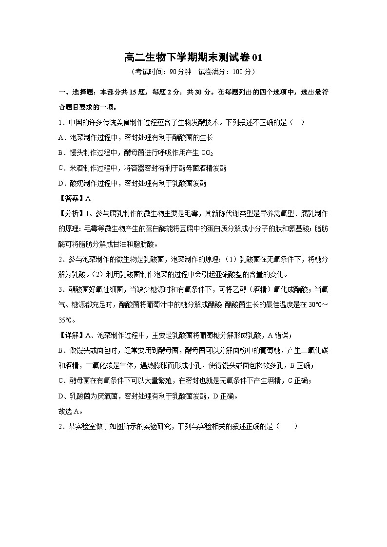 北京市高二下学期期末测01生物试卷(解析版)第1页