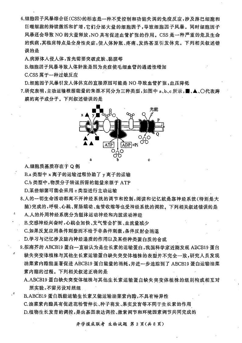 山东省百师联盟高三开学摸底联考+生物第3页