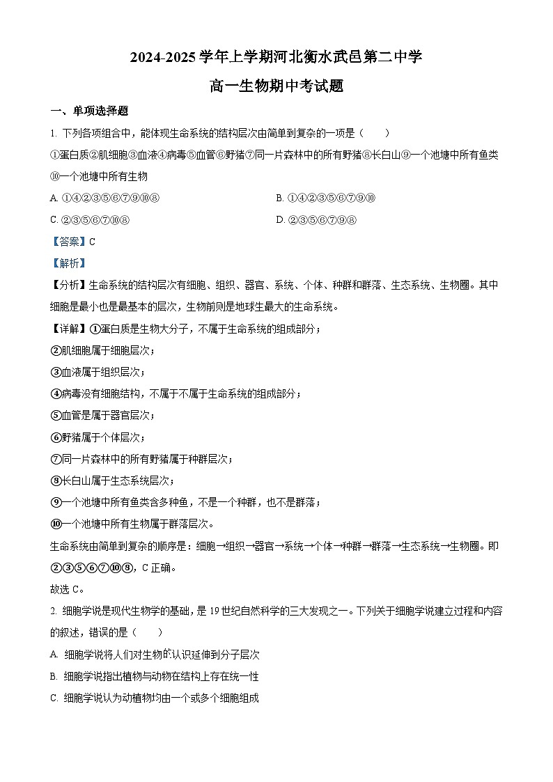 河北省衡水市武邑县第二中学2024-2025学年高一上学期期中考试生物试题（Word版附解析）01