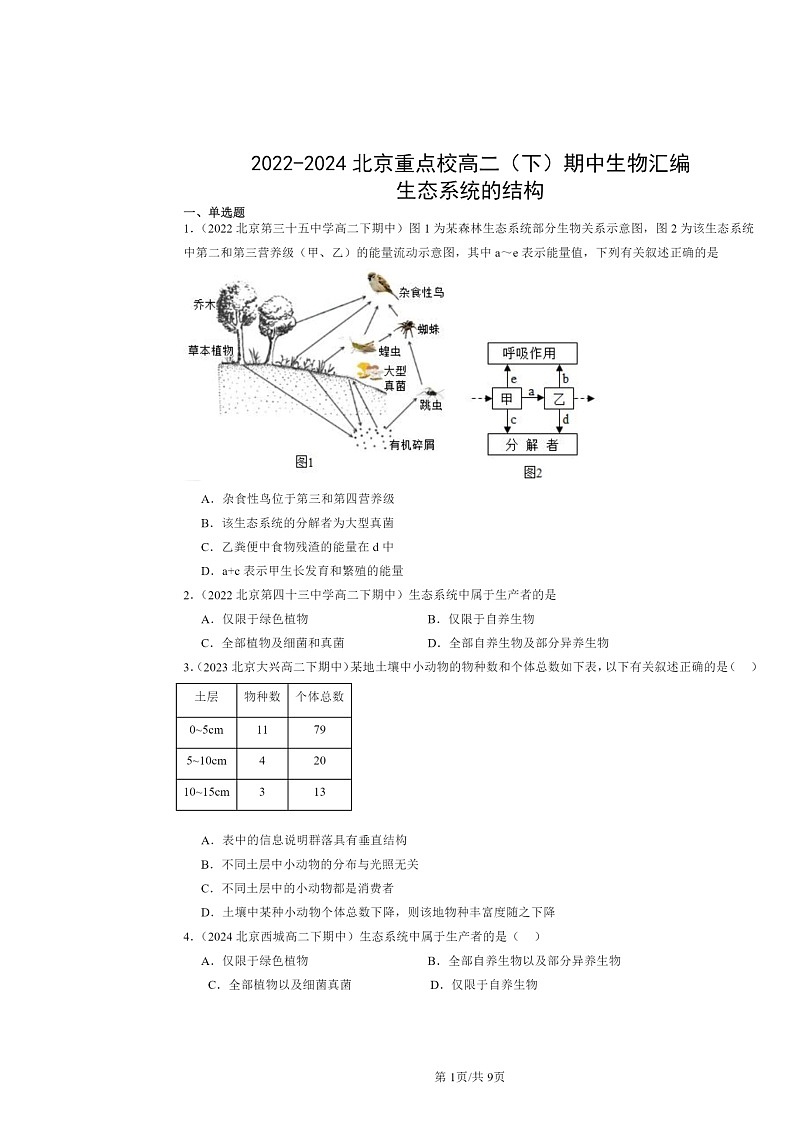 2022～2024北京重点校高二下学期期中真题生物分类汇编：生态系统的结构第1页