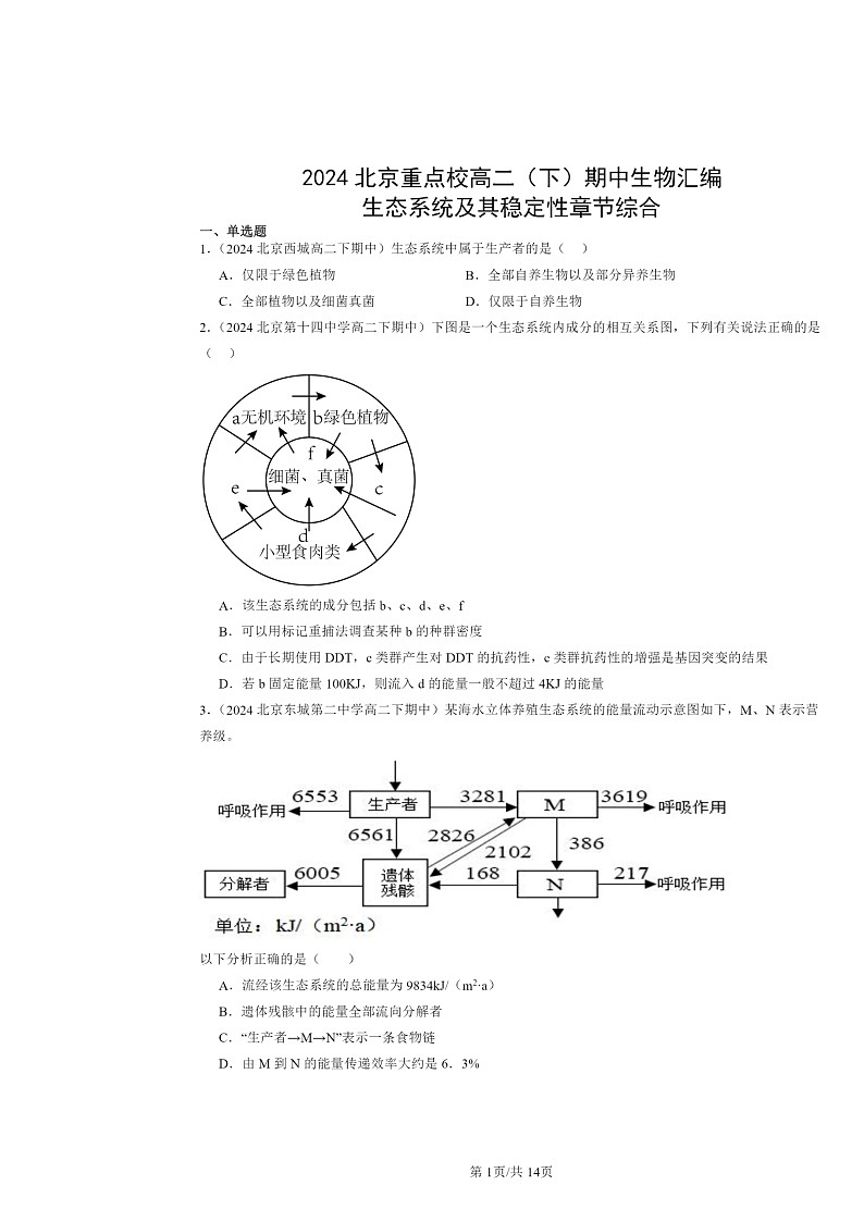 2024北京重点校高二下学期期中真题生物分类汇编：生态系统及其稳定性章节综合第1页