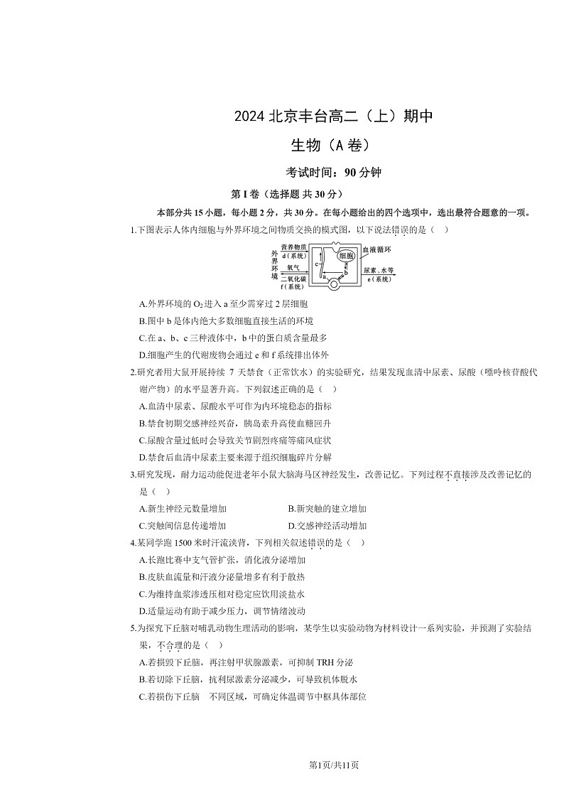 2024北京丰台高二上学期期中生物（A卷）试卷及答案01