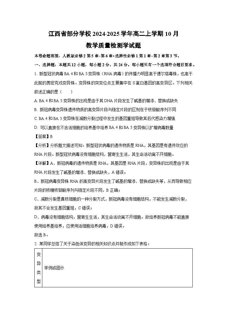 江西省部分学校2024-2025学年高二上学期10月教学质量检测学生物试卷第1页