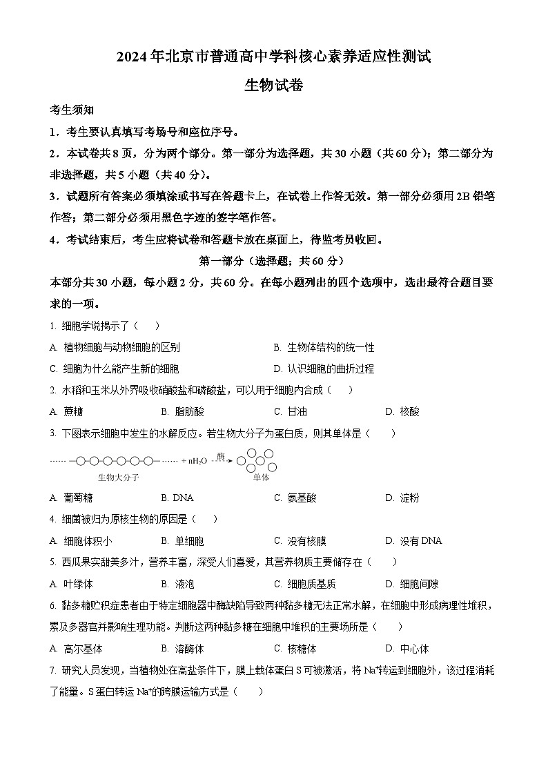 2024年北京市普通高中学科核心素养适应性测试生物试题 Word版无答案第1页