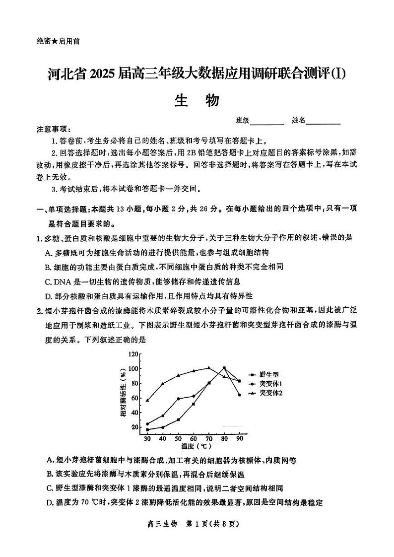 河北省2025届高三大数据9月应用调研联合测评（Ⅰ）生物第1页