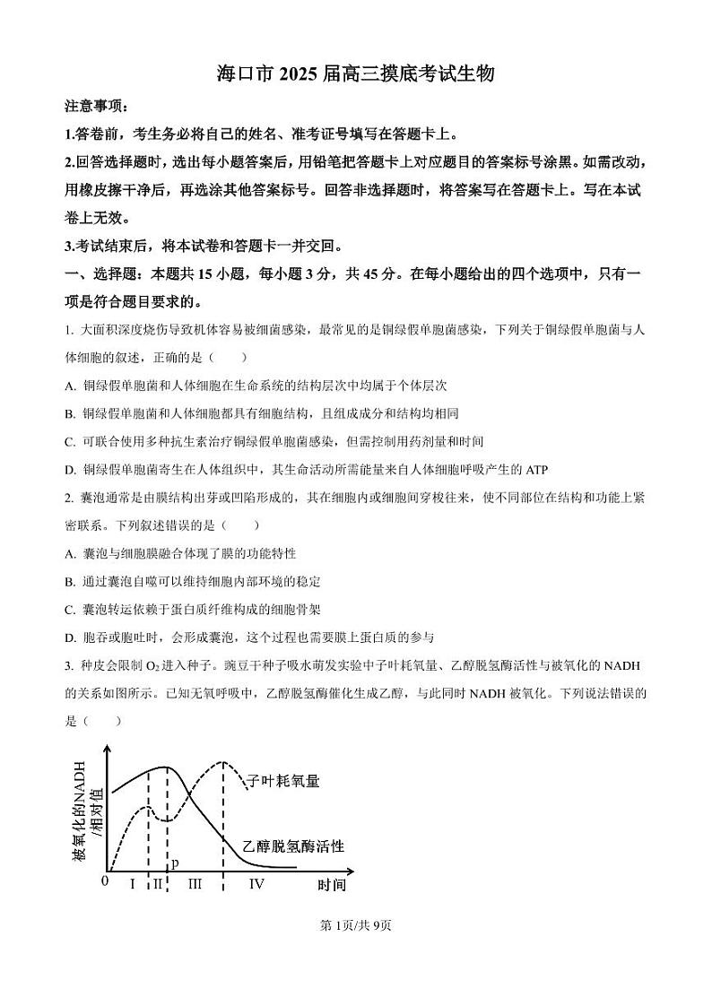 2025海口高三上学期10月摸底考试生物PDF版含解析（可编辑）第1页