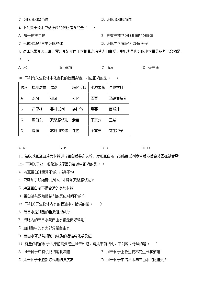 四川省德阳中学校2024-2025学年高一上学期10月月考生物试卷 Word版无答案第2页