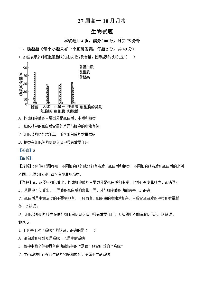 四川省眉山市仁寿县第一中学校（北校区）2024-2025学年高一上学期10月月考生物试题 Word版含解析第1页