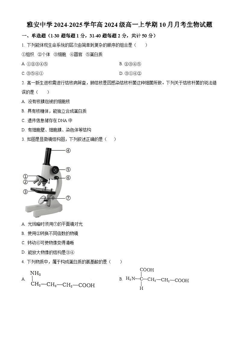 四川省雅安中学2024-2025学年高一上学期10月月考生物试题 Word版无答案第1页