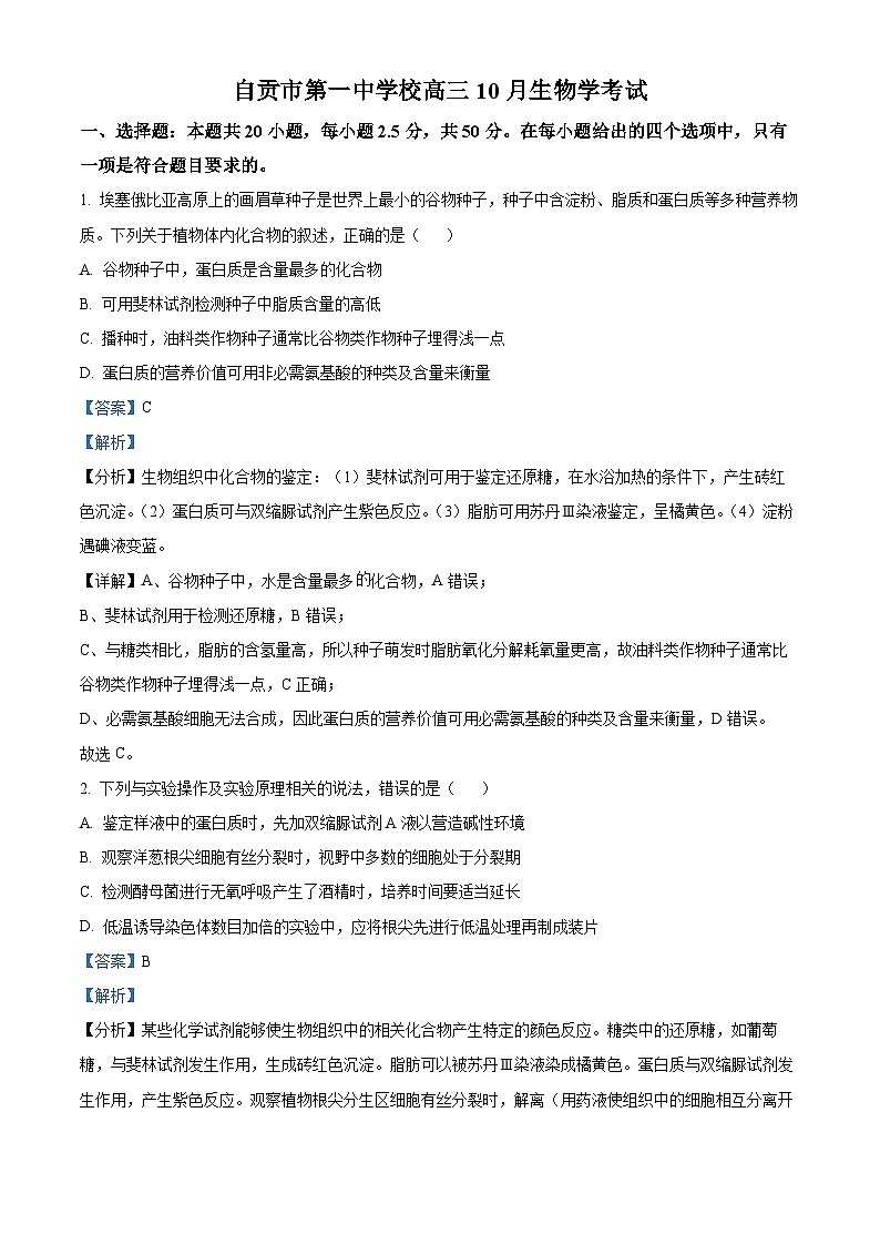 四川省自贡市第一中学校2024-2025学年高三上学期10月考试生物试题 Word版含解析第1页