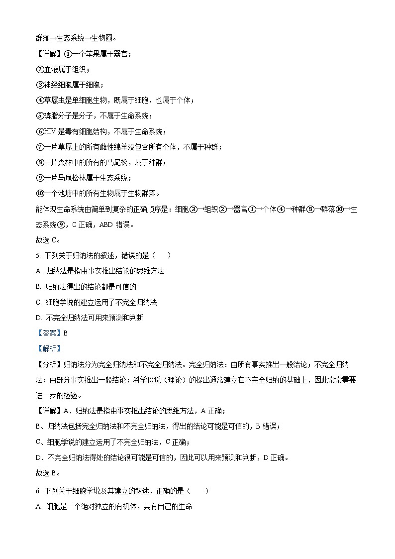 重庆市西南大学附属中学校2024-2025学年高一上学期10月月考生物试题 Word版含解析第3页