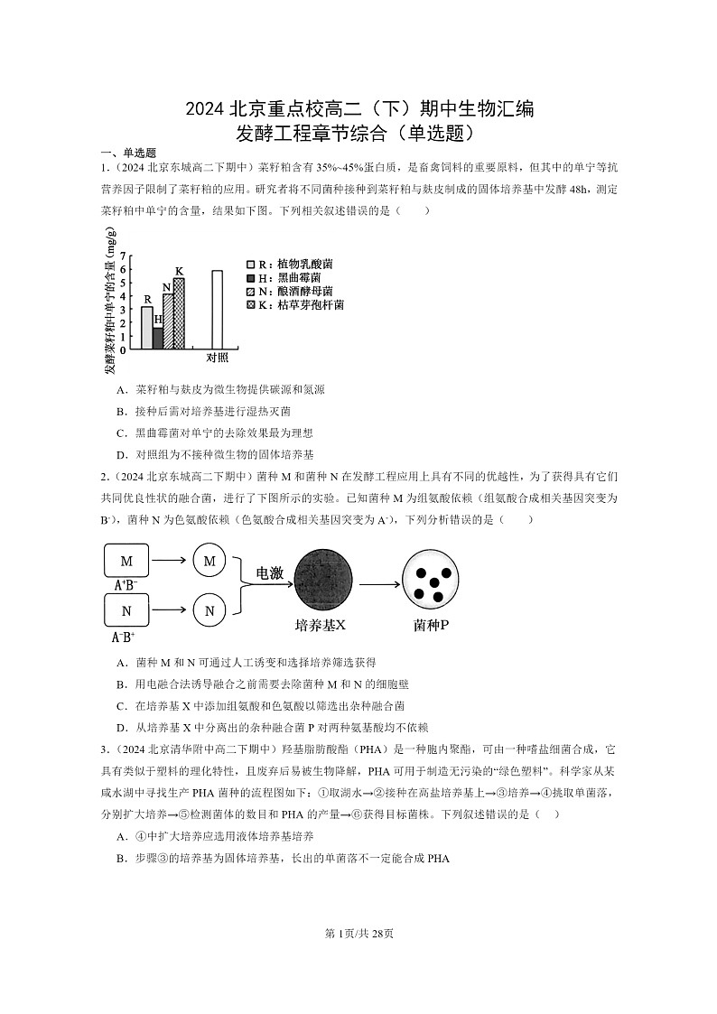 2024北京重点校高二下学期期中真题生物分类汇编：发酵工程章节综合（单选题）01