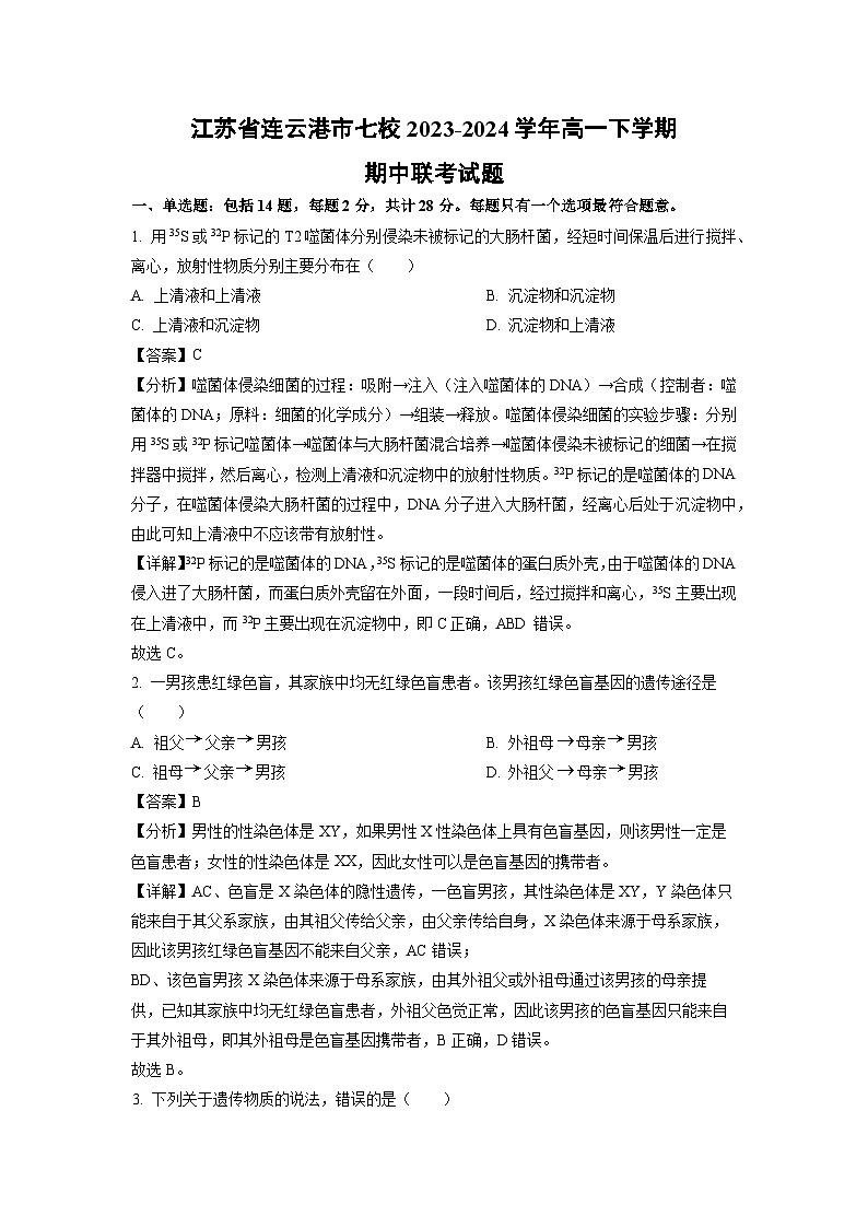 江苏省连云港市七校2023-2024学年高一下学期期中联考生物试卷(解析版)01