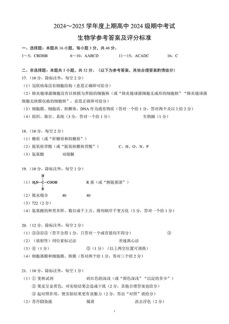 2024～2025学年度上期高中2024级期中考试生物学参考答案及评分标准第1页