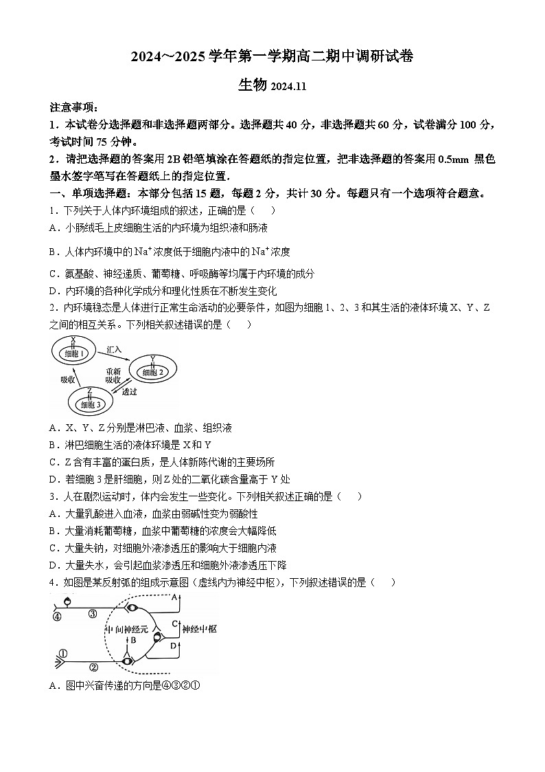 江苏省苏州市2024-2025学年高二上学期11月期中生物试题(无答案)第1页