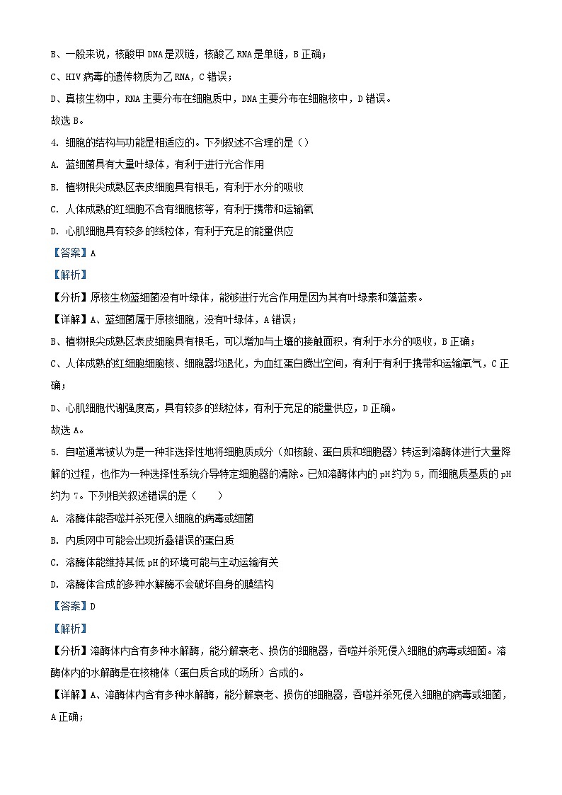 四川省雅安市2023_2024学年高一生物上学期1月月考试题含解析第3页