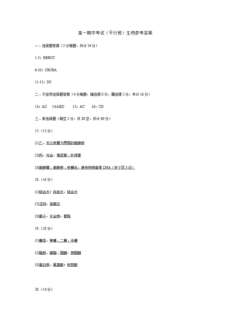 湖南省衡阳市衡阳县衡阳县第四中学2024-2025学年高一上学期11月期中生物试题01