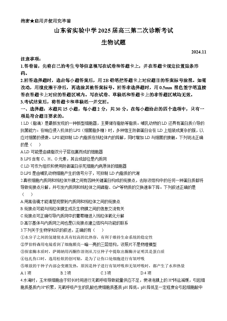 山东省济南市市中区山东省实验中学2024-2025学年高三上学期11月期中生物试题01