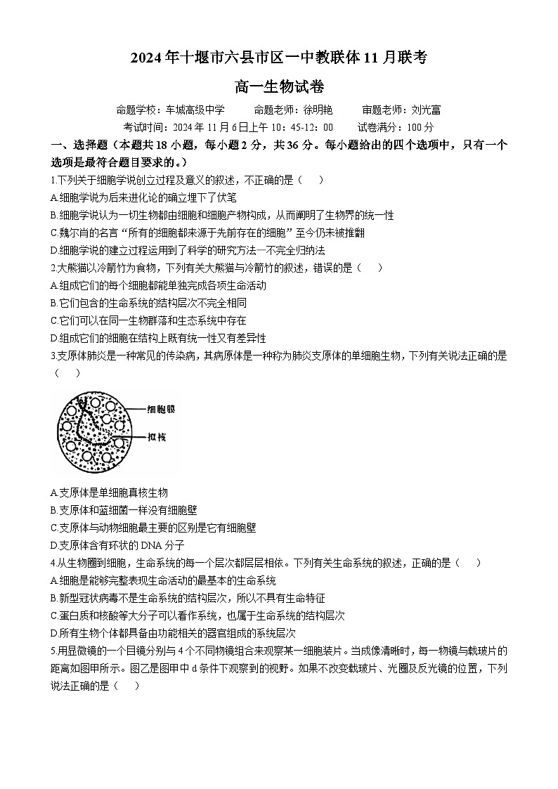湖北省十堰市六县市区一中教联体2024-2025学年高一上学期11月联考生物试卷（Word版附答案）01