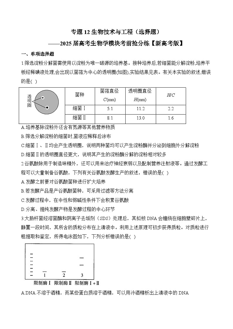 专题12 生物技术与工程（选择题）-2025年高考生物二轮复习模块分练【新高考版】（含解析）第1页