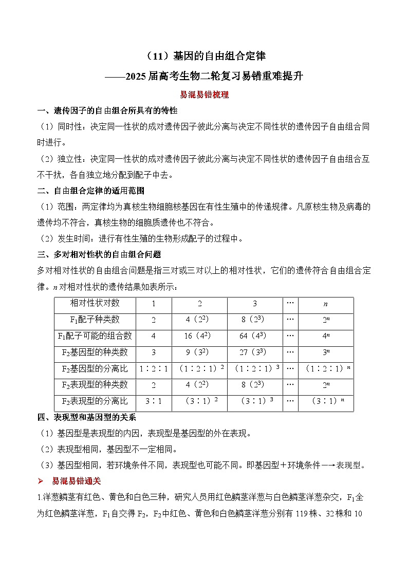 专题11 基因的自由组合定律（练习）--2025年高考生物二轮复习易错重难提升专题（含解析 ）01