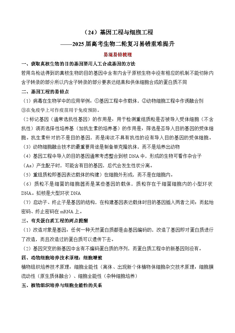 专题24 基因工程与细胞工程（练习）--2025年高考生物二轮复习易错重难提升学案专题（含解析 ）第1页
