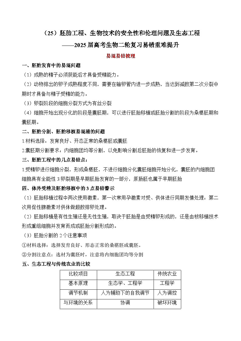 专题25 胚胎工程、生物技术的安全性和伦理问题及生态工程（练习）--2025年高考生物二轮复习易错重难提升学案专题（含解析 ）01