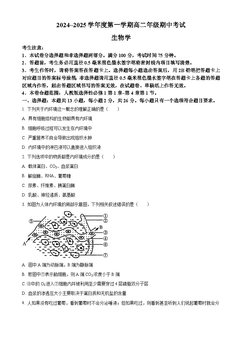 2025沧州八县联考高二上学期10月期中联考生物试题含解析01