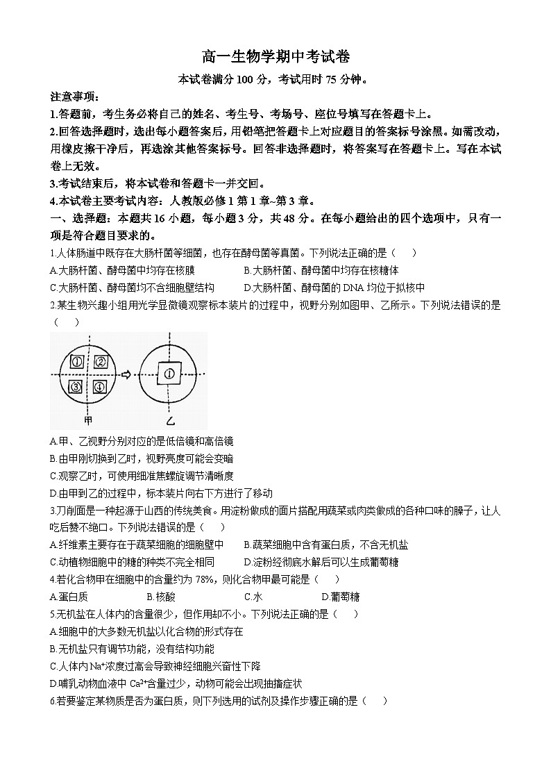 云南省部分学校2024-2025学年高一上学期期中考试生物试题第1页