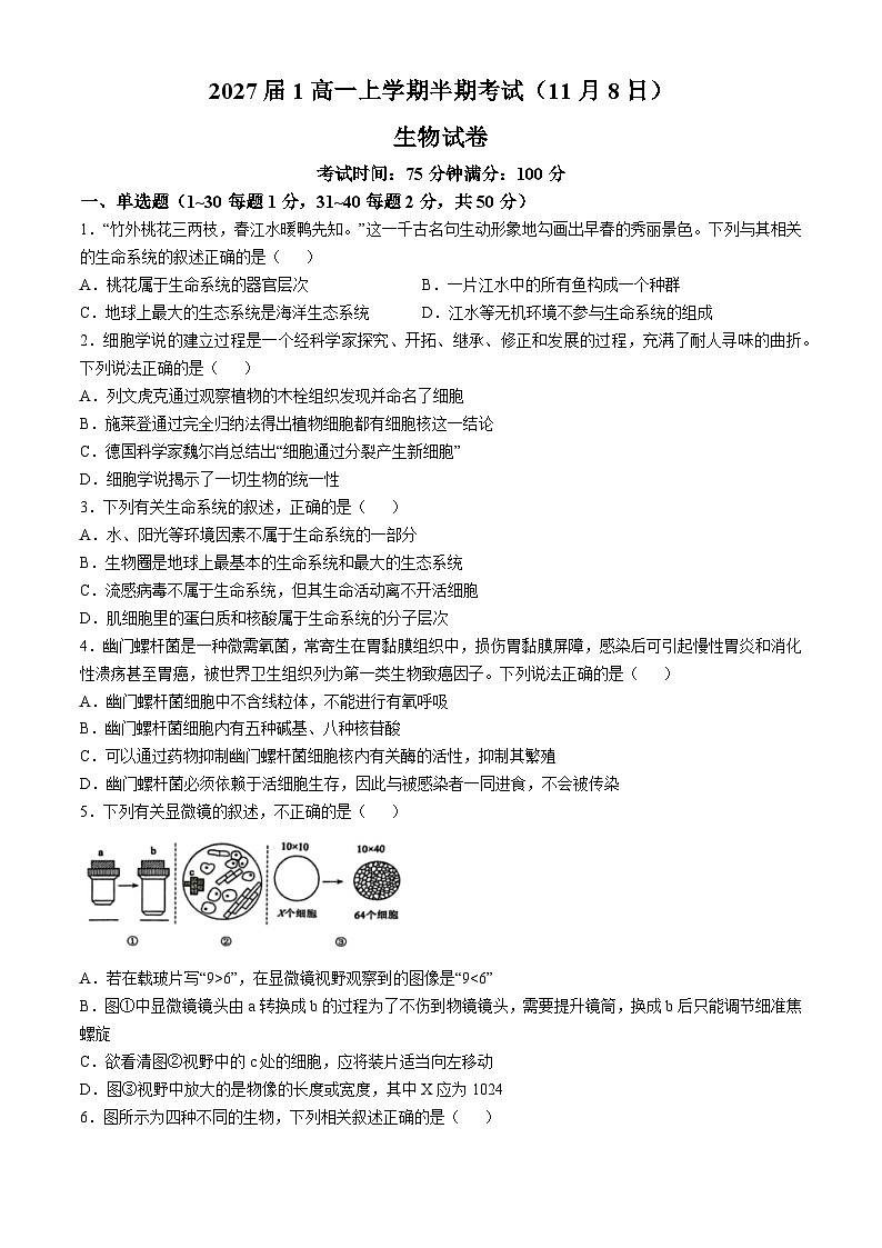 四川省成都市第七中学2024-2025学年高一上学期期中联考生物试题(无答案)01