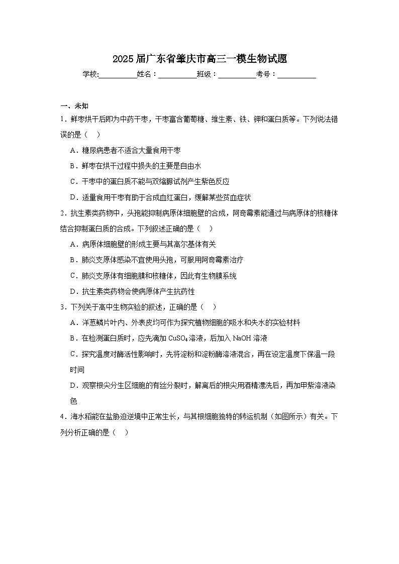 2025届广东省肇庆市高三一模生物试题第1页