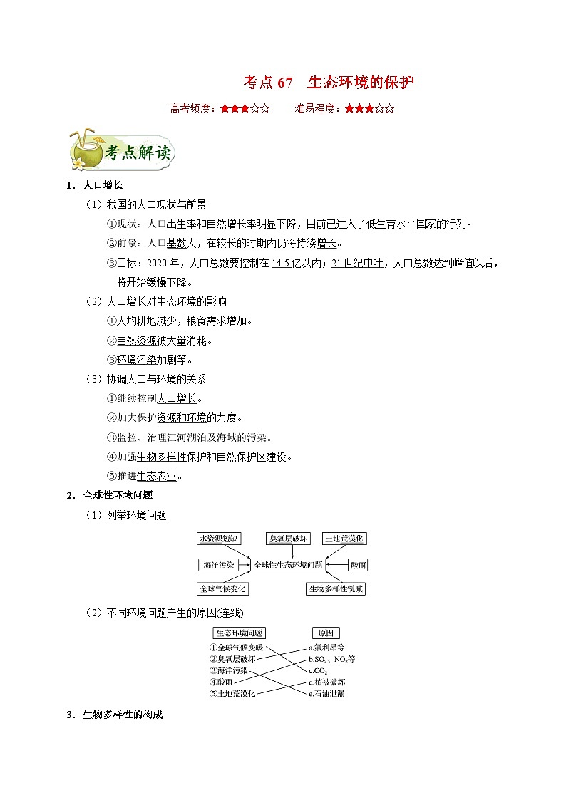 备战2025年高考生物考点一遍过考点67生态环境的保护教案（Word版附解析）第1页