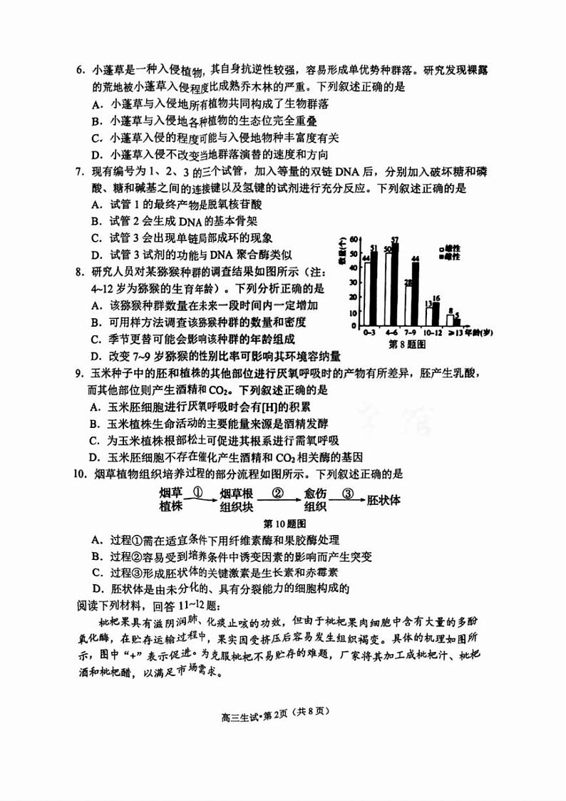 浙江省杭州市2025届高三教学质量检测生物试题+答案（杭州一模）第2页