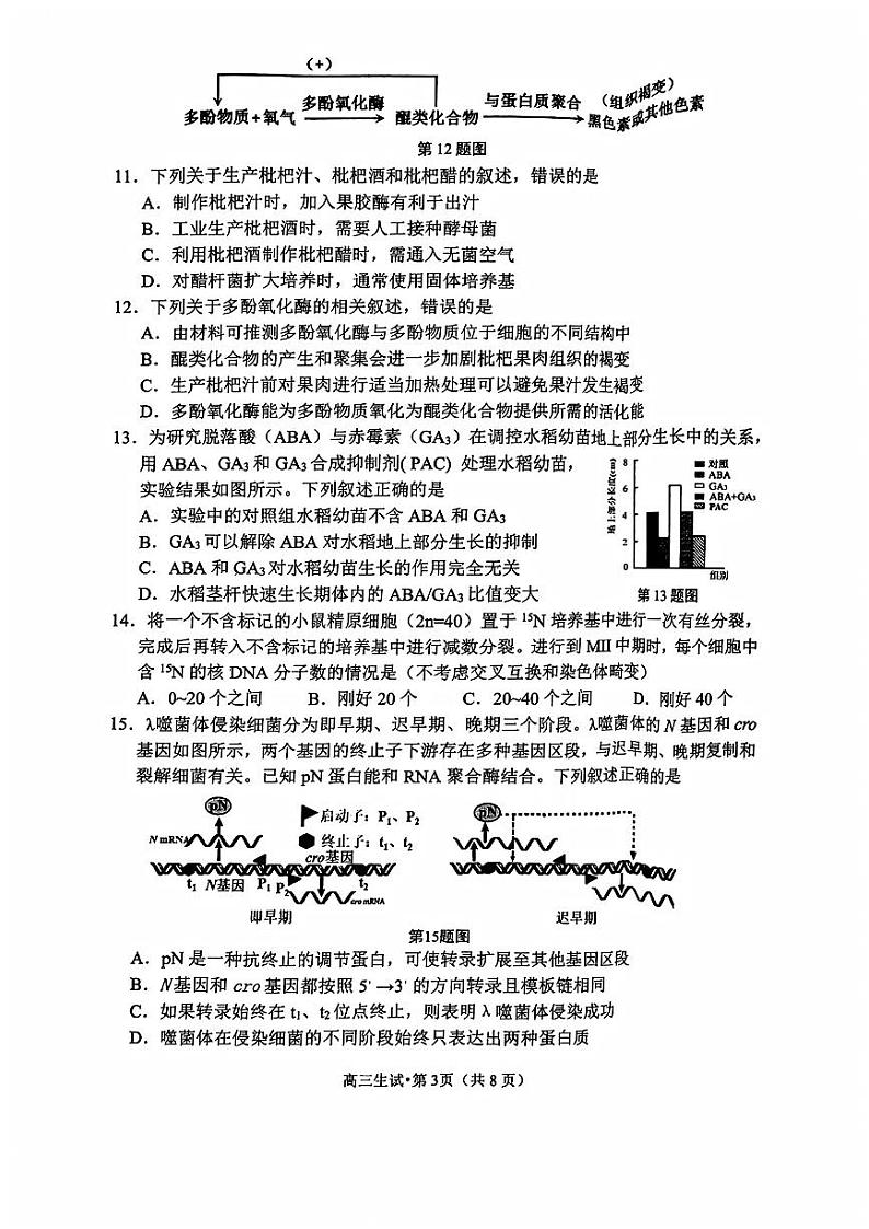 浙江省杭州市2025届高三教学质量检测生物试题+答案（杭州一模）第3页