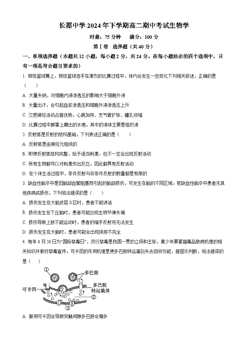 湖南省长沙市长郡中学2024-2025学年高二上学期期中考试生物试卷无答案第1页