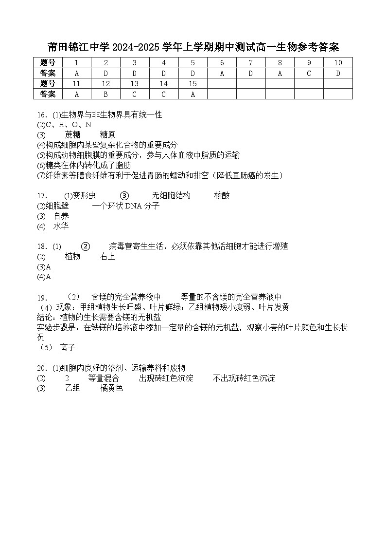 24-25上高一生物期中答案第1页
