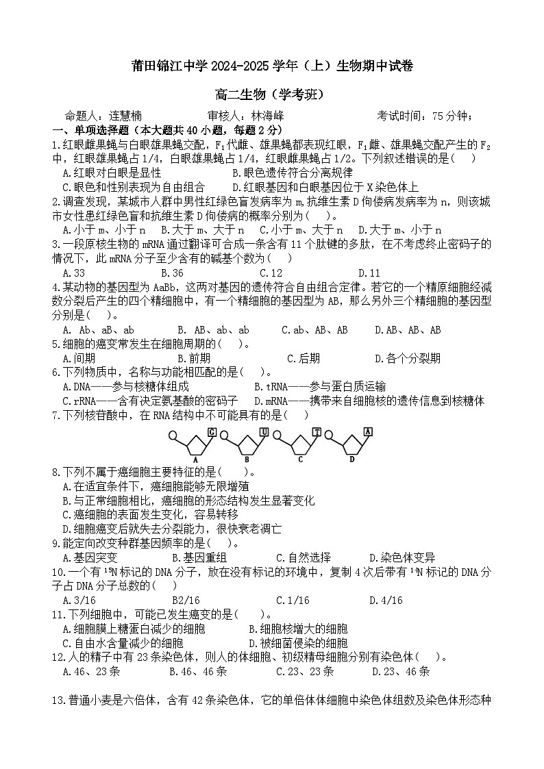 24-25上高二生物（学考班）期中试卷第1页