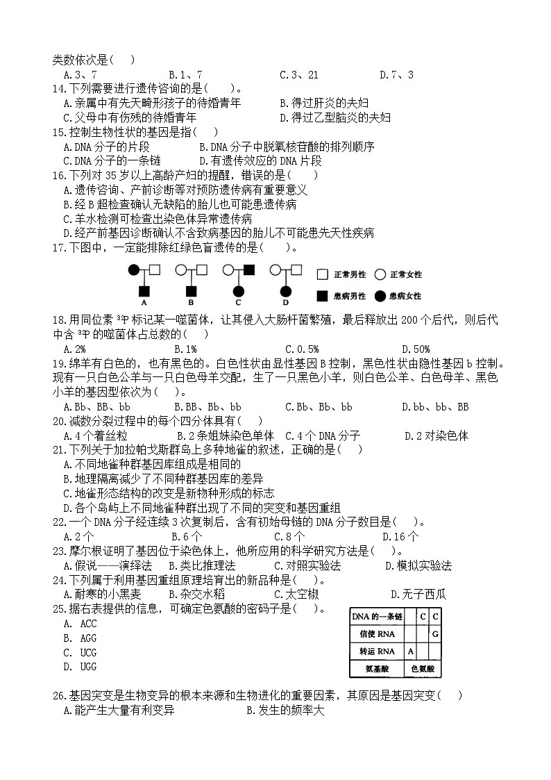 24-25上高二生物（学考班）期中试卷第2页