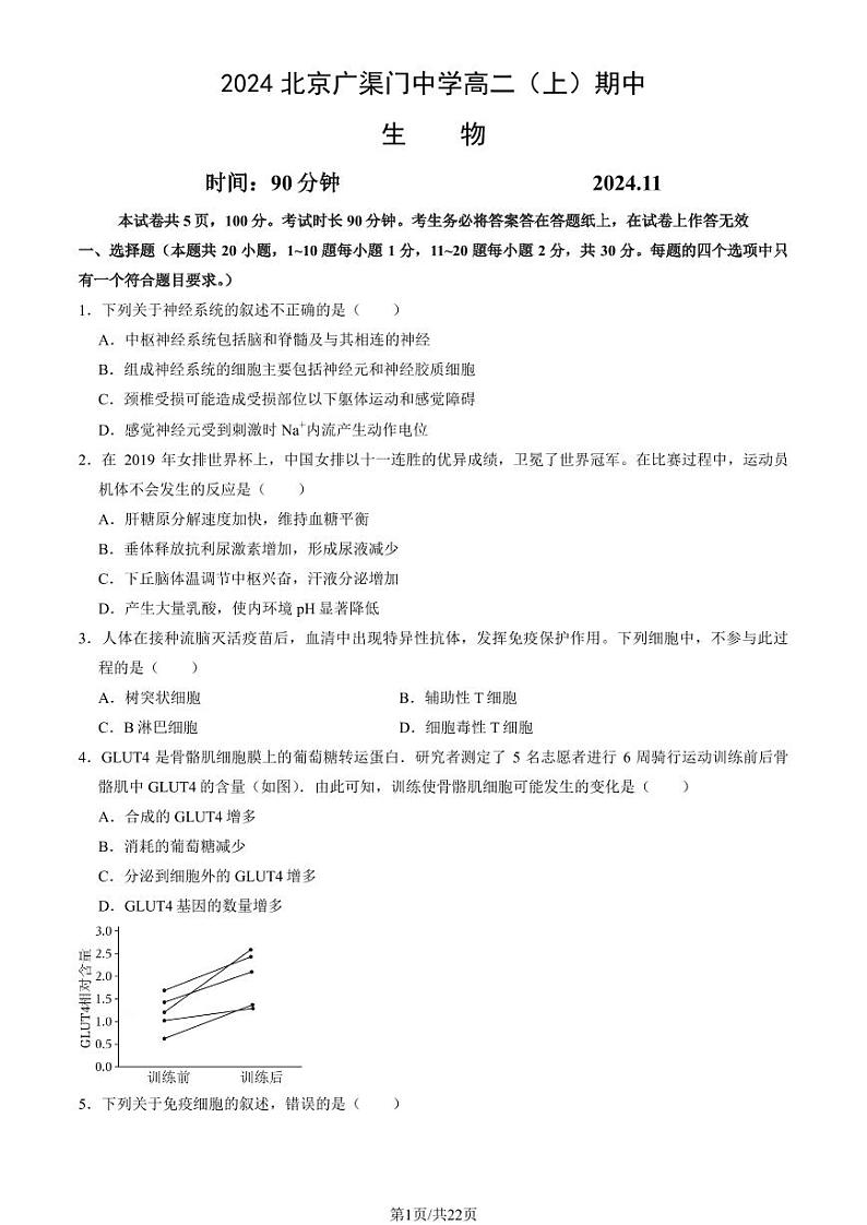 2024北京广渠门中学高二上学期期中真题生物（教师版）试卷第1页
