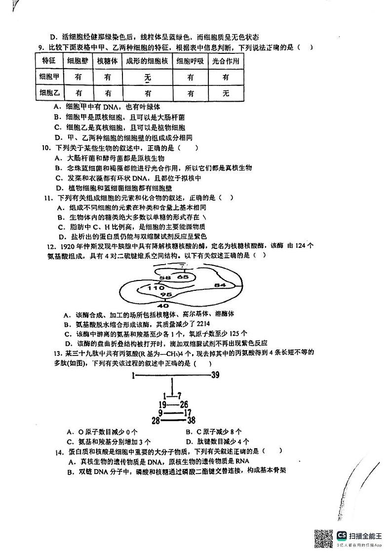 陕西省部分学校2024-2025学年高一上学期11月期中考试生物试题第2页